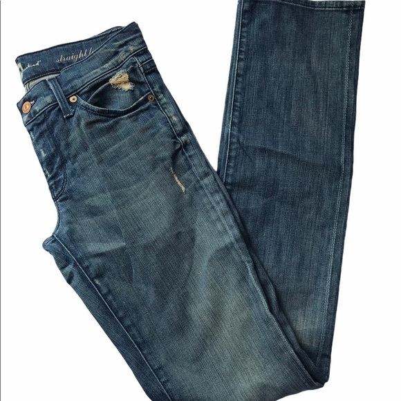 7 For All Mankind Women's Size 26 Distressed Torn Straight Leg Blue Jeans - Picture 1 of 11